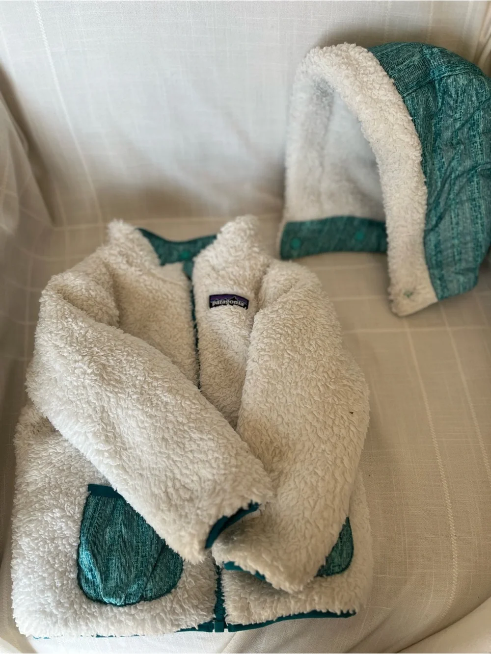 Patagonia Teal & White Reversible Hooded Jacket